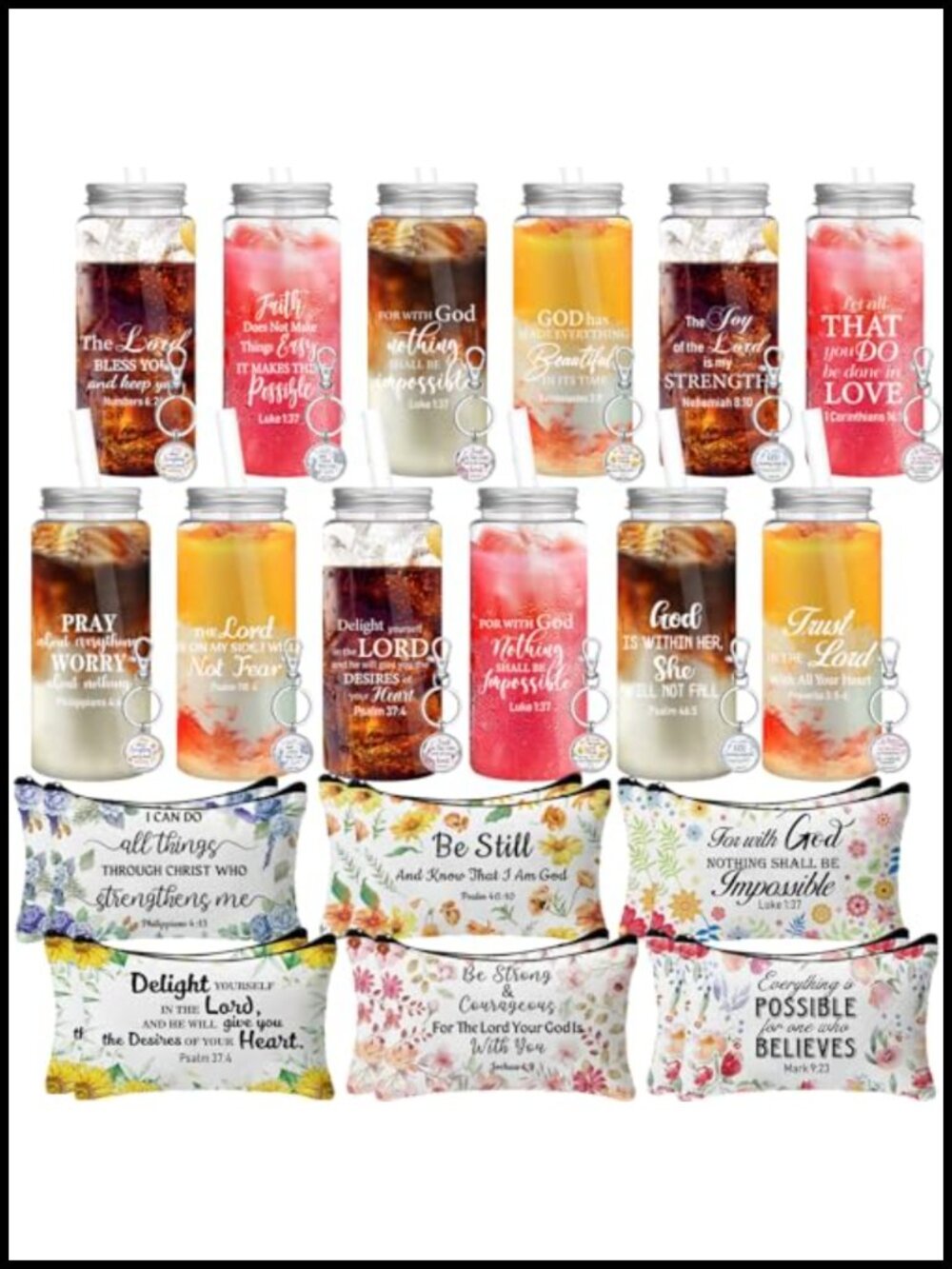 Christian Gift Set 36 Pcs Tumbler Makeup Bags Keychains Religious